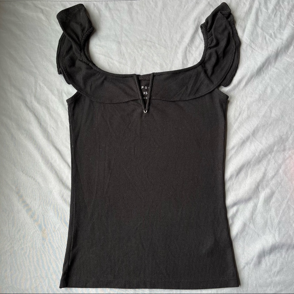 BLACK HALTER TOP WITH RUFFLED STRAPS